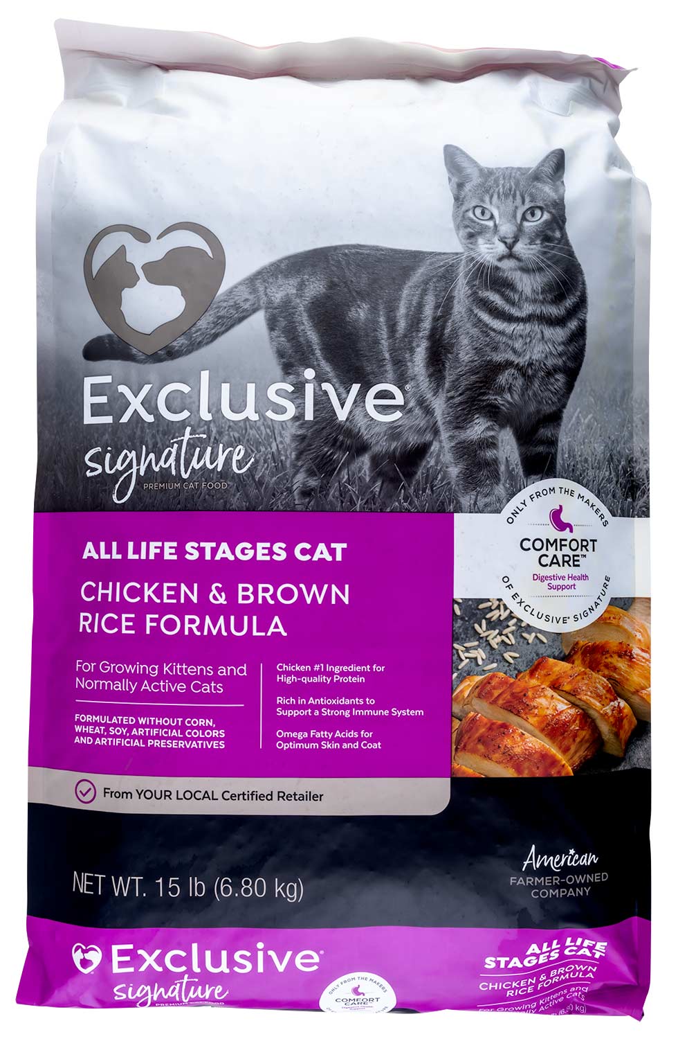 purina exclusive cat food, chicken/brown rice, 15 lb