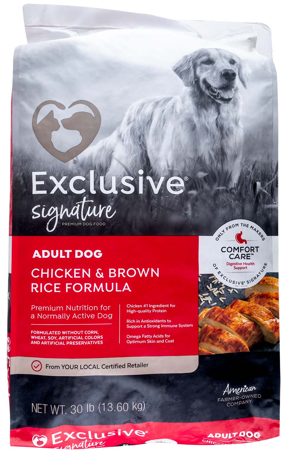 purina exclusive adult dog food, chicken/brown rice, 30 lb
