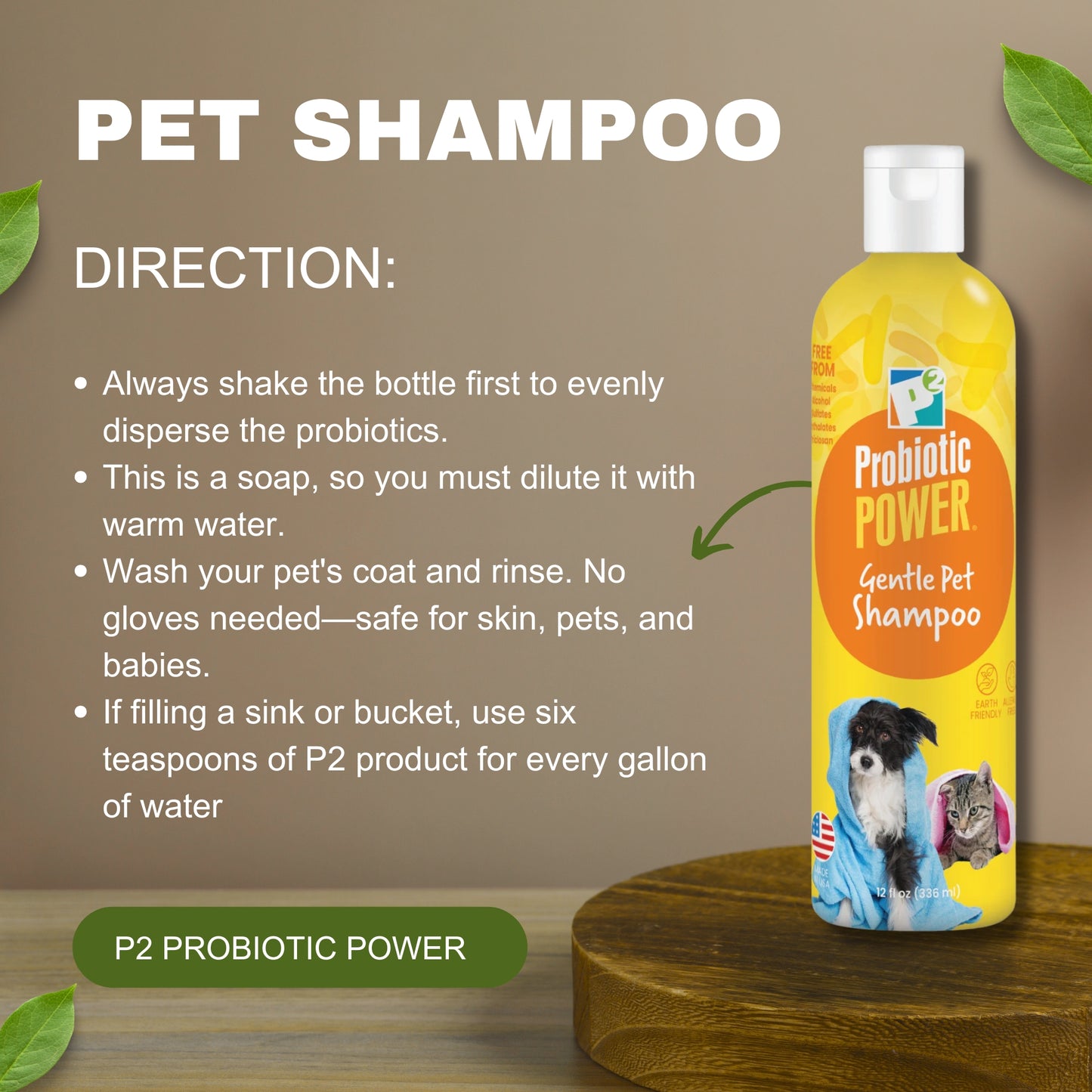 p2 probiotic power pet shampoo, 12 oz – gentle organic probiotic shampoo for dogs, cats & puppies, sensitive skin, coat care, odor control, bath & grooming - fresh mint vanilla scent