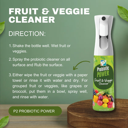 P2 Probiotic Power Fruit & Veggie Cleaner Spray, Produce Wash for Fruits, Vegetables, Herbs & Greens, Probiotic Enzyme & Coconut Based Food Cleaner for Meal Prep, Kitchen Use, 10 oz