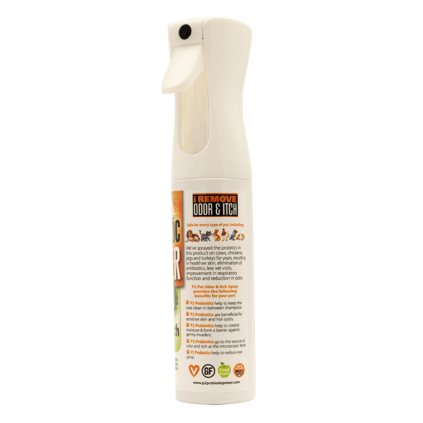p2 probiotic power pet odor & itch spray – dog, cat, puppy, kitten grooming spray, deodorizer, litter box freshener, hot spot spray, coat, bedding, kennel, carrier, travel – 10 oz