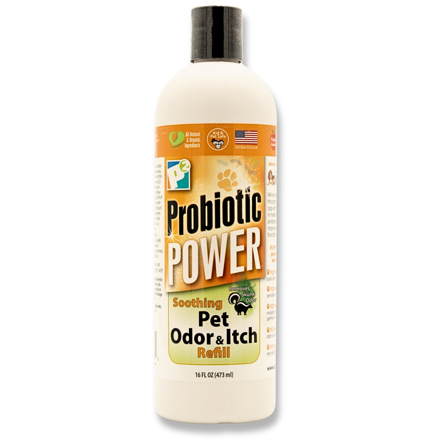p2 probiotic power pet odor & itch refill – dog, cat, puppy, kitten grooming spray, deodorizer, litter box freshener, hot spot spray, coat, bedding, kennel, carrier, travel – 16 oz