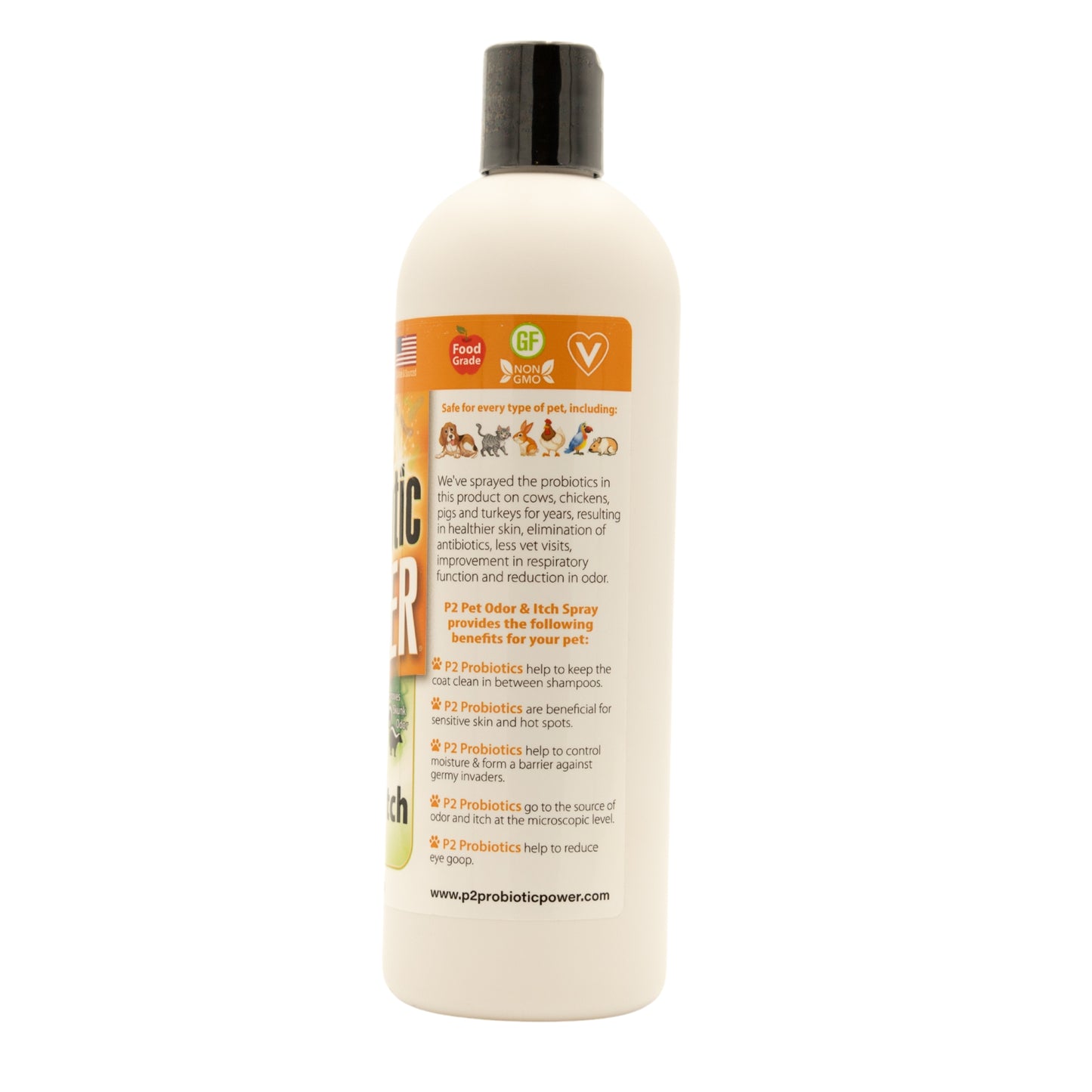 p2 probiotic power pet odor & itch refill – dog, cat, puppy, kitten grooming spray, deodorizer, litter box freshener, hot spot spray, coat, bedding, kennel, carrier, travel – 16 oz
