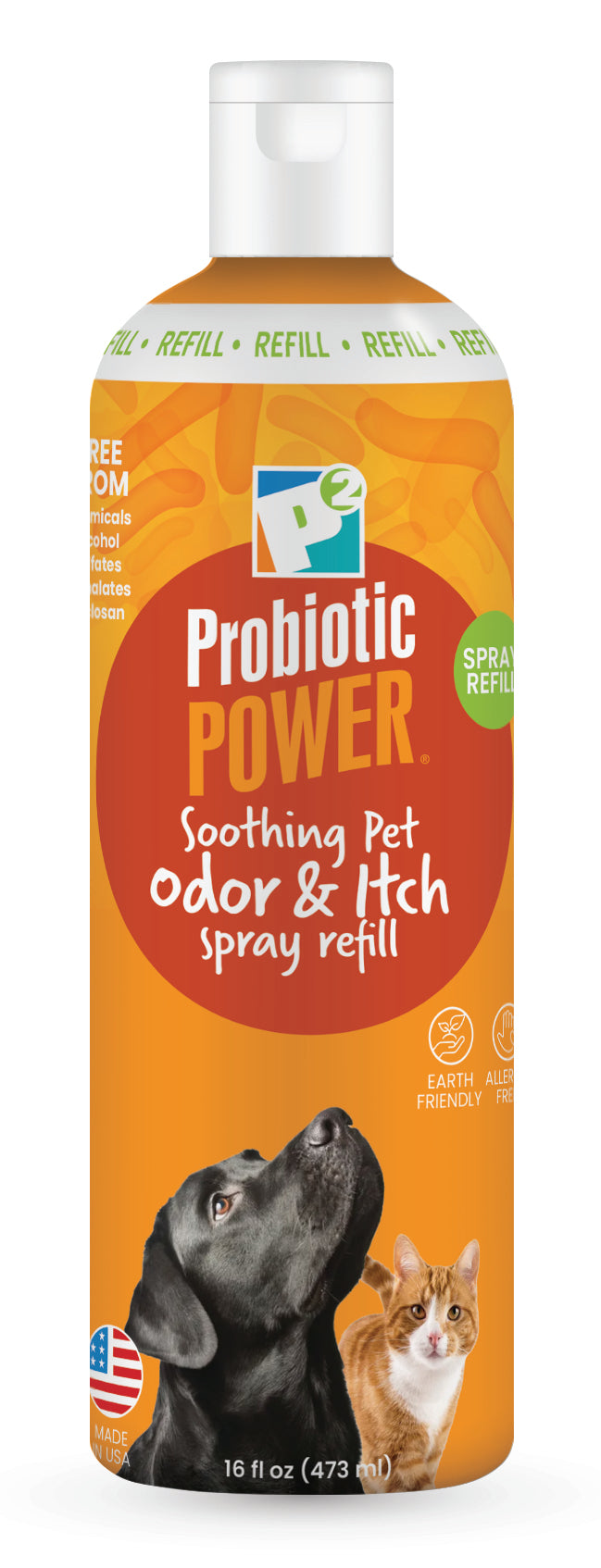 p2 probiotic power pet odor & itch refill – dog, cat, puppy, kitten grooming spray, deodorizer, litter box freshener, hot spot spray, coat, bedding, kennel, carrier, travel – 16 oz