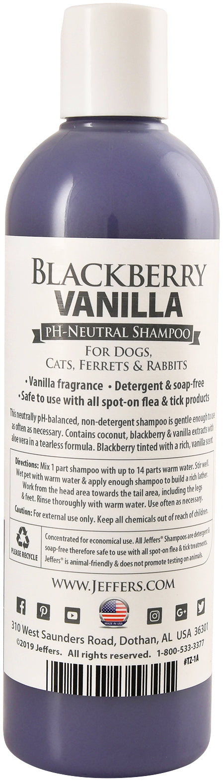 jeffers pet blackberry vanilla ph-neutral shampoo, 17 oz - soap & detergent free, tearless pet grooming shampoo with aloe vera, coconut extract, vitamins a d e, concentrated formula, made in usa