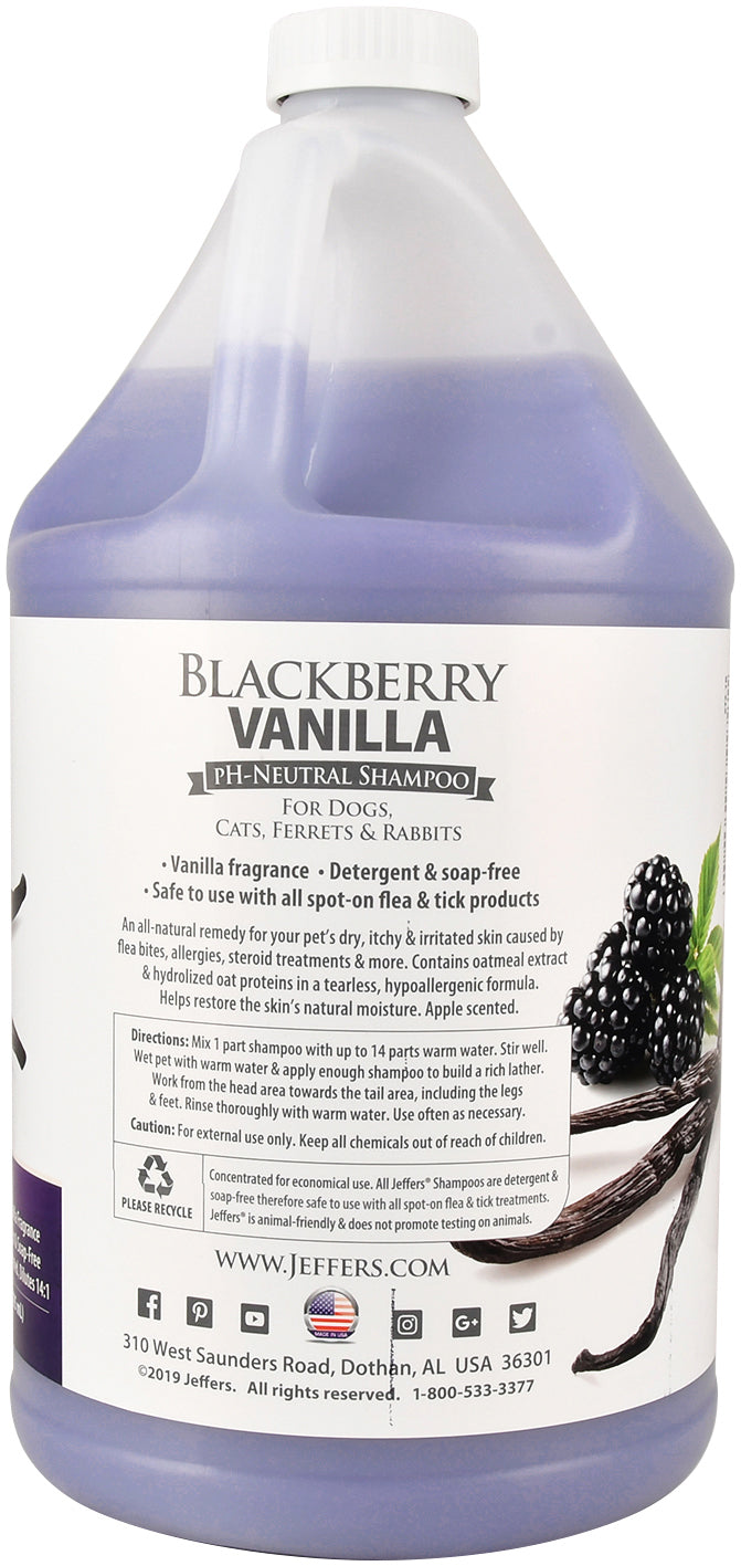 jeffers pet blackberry vanilla ph-neutral shampoo, 128 oz - soap & detergent free, tearless pet grooming shampoo with aloe vera, coconut extract, vitamins a d e, concentrated formula, made in usa