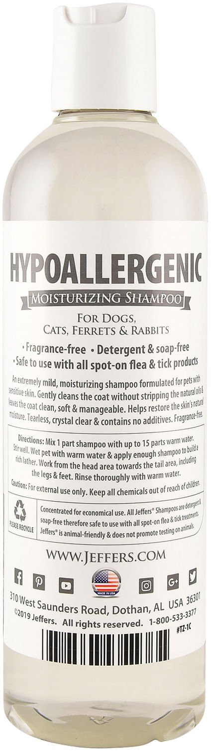 jeffers pet hypoallergenic shampoo for dogs, cats & small animals 17 oz – concentrated moisturizing tearless formula with aloe vera & vitamins a d e, fragrance & soap free, gentle for sensitive skin