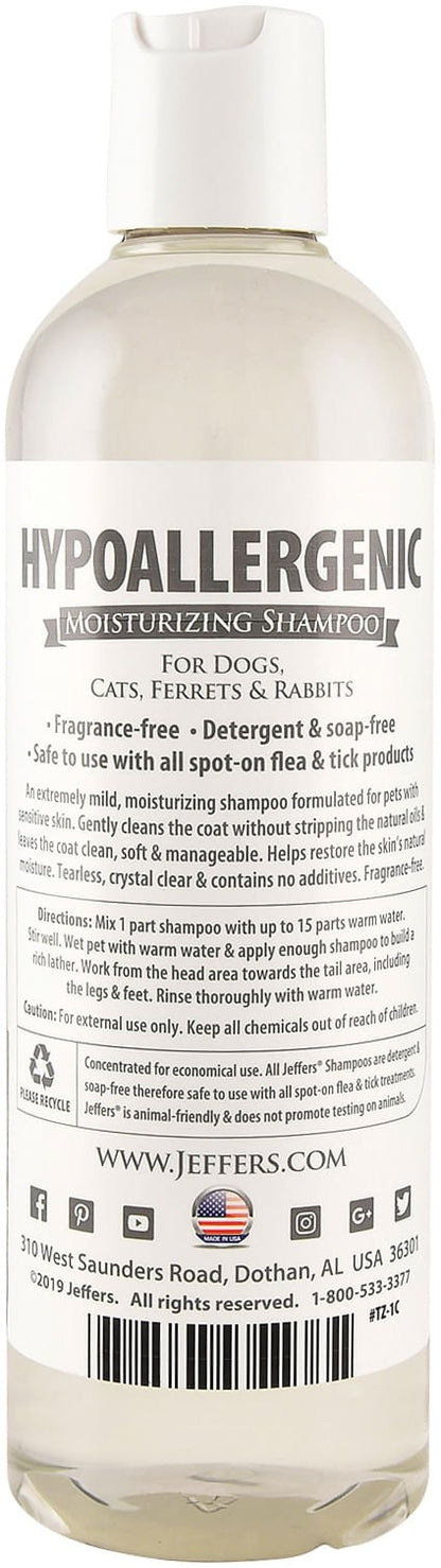 Jeffers Pet Hypoallergenic Shampoo for Dogs, Cats & Small Animals 17 oz – Concentrated Moisturizing Tearless Formula with Aloe Vera & Vitamins A D E, Fragrance & Soap Free, Gentle for Sensitive Skin