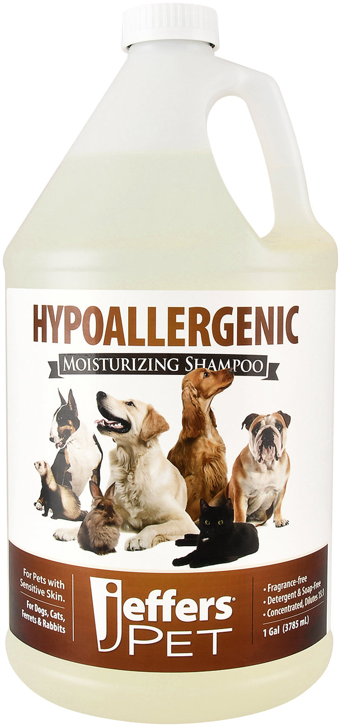 jeffers pet hypoallergenic moisturizing shampoo for dogs & cats, 128 oz - concentrated unscented pet shampoo for sensitive skin, soap free formula with aloe vera & vitamins a, d & e, made in usa