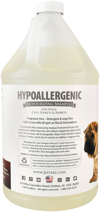 Jeffers Pet Hypoallergenic Moisturizing Shampoo for Dogs & Cats, 128 oz - Concentrated Unscented Pet Shampoo for Sensitive Skin, Soap Free Formula with Aloe Vera & Vitamins A, D & E, Made in USA
