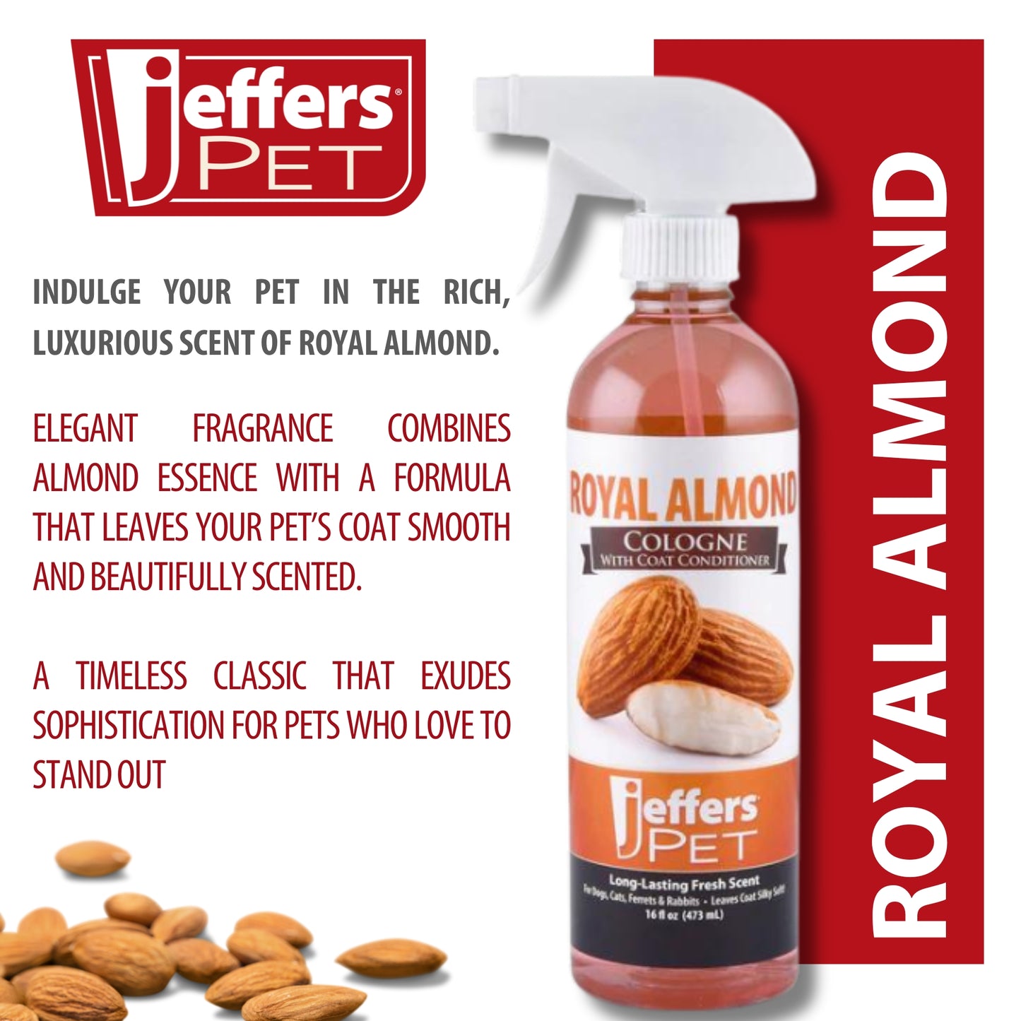 jeffers pet cologne spray with coat conditioner for dogs & cats, royal almond - detergent & soap free grooming fragrance mist, deodorizer, freshener, safe for pets, salon, home use - 16 oz