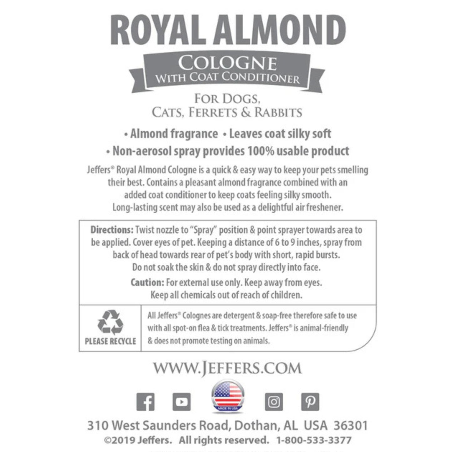 jeffers pet cologne spray with coat conditioner for dogs & cats, royal almond - detergent & soap free grooming fragrance mist, deodorizer, freshener, safe for pets, salon, home use - 16 oz
