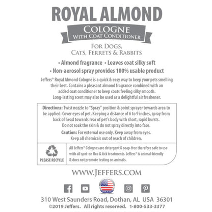 Jeffers Pet Cologne Spray with Coat Conditioner for Dogs & Cats, Royal Almond - Detergent & Soap Free Grooming Fragrance Mist, Deodorizer, Freshener, Safe for Pets, Salon, Home Use - 16 oz