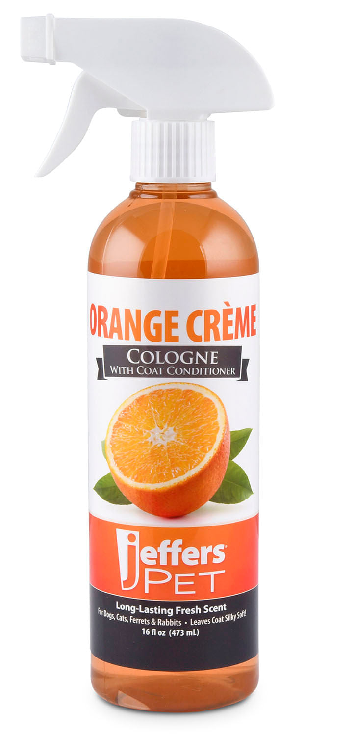 jeffers pet colognes with coat conditioner for dogs & cats 16 oz - soap & detergent free grooming spray for fresh, odor control, silky coat & home freshening, safe formula, made in usa - orange crème