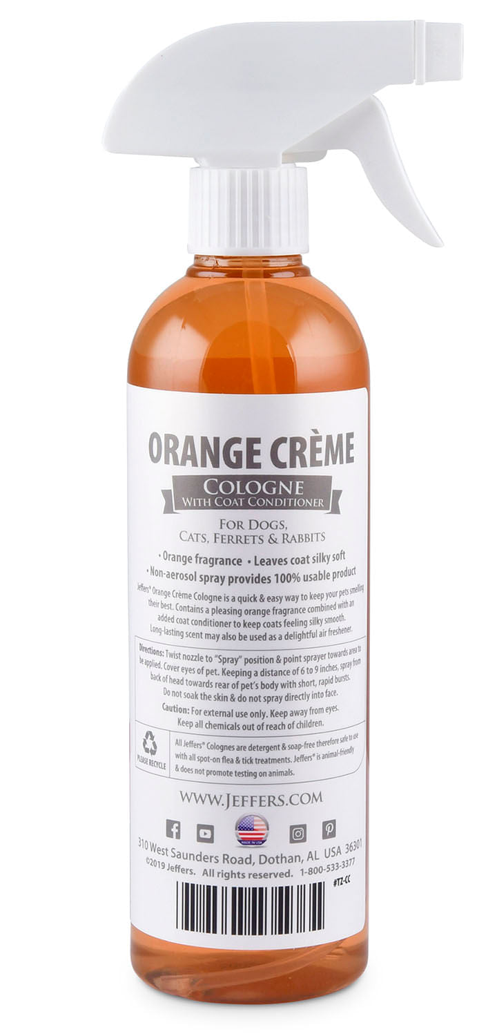 jeffers pet colognes with coat conditioner for dogs & cats 16 oz - soap & detergent free grooming spray for fresh, odor control, silky coat & home freshening, safe formula, made in usa - orange crème
