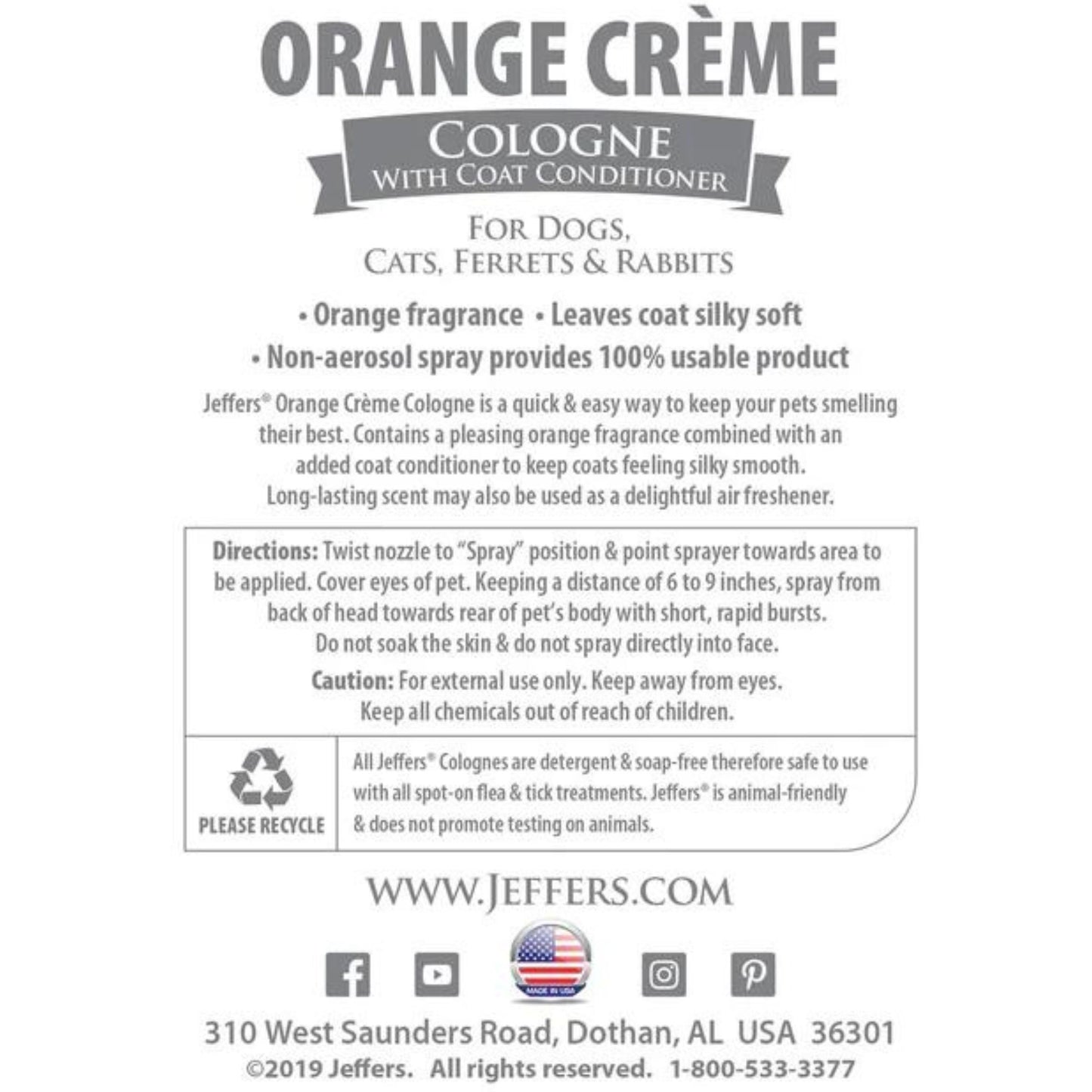 jeffers pet colognes with coat conditioner for dogs & cats 16 oz - soap & detergent free grooming spray for fresh, odor control, silky coat & home freshening, safe formula, made in usa - orange crème
