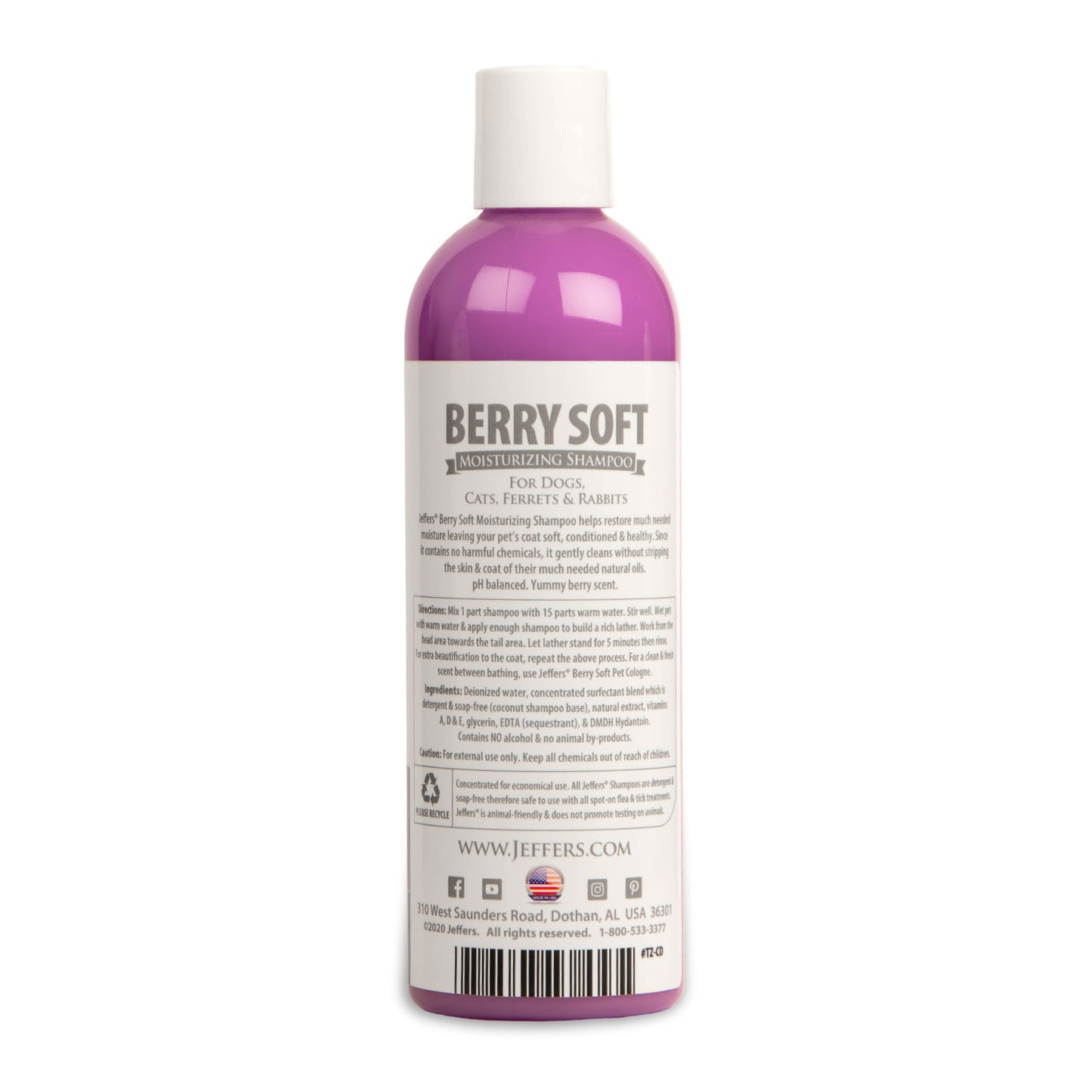 jeffers moisturizing pet shampoo, berry soft scent, 17 oz - coconut based, detergent free & soap free, ph balanced, with vitamins a d e, for dogs cats ferrets rabbits, made in the usa, healthy coat