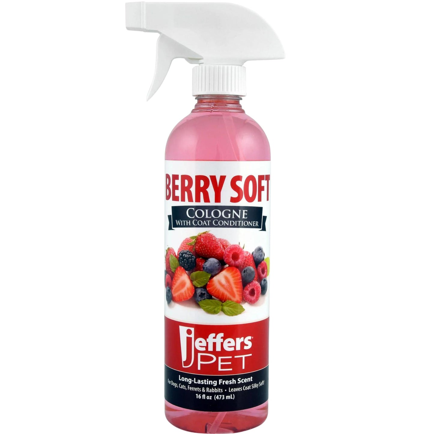 jeffers pet colognes with coat conditioner for dogs & cats 16 oz - soap & detergent free grooming spray for fresh, odor control, silky coat & home freshening, safe formula, made in usa - berry soft