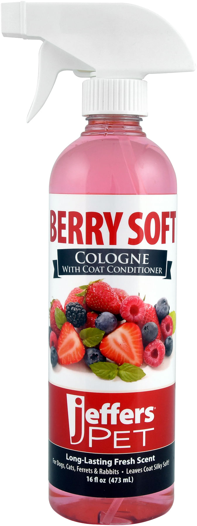 jeffers pet colognes with coat conditioner for dogs & cats 16 oz - soap & detergent free grooming spray for fresh, odor control, silky coat & home freshening, safe formula, made in usa - berry soft