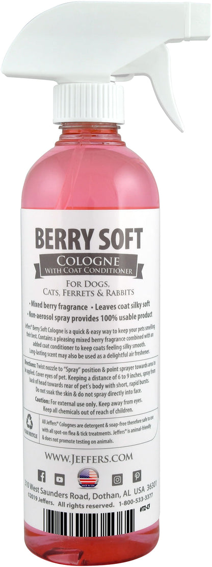 Jeffers Pet Colognes with Coat Conditioner for Dogs & Cats 16 oz - Soap & Detergent Free Grooming Spray for Fresh, Odor Control, Silky Coat & Home Freshening, Safe Formula, Made in USA - Berry Soft