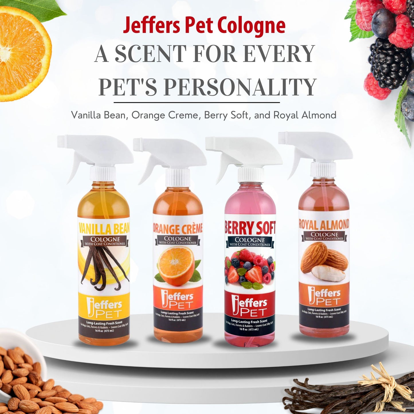 jeffers pet colognes with coat conditioner for dogs & cats 16 oz - soap & detergent free grooming spray for fresh, odor control, silky coat & home freshening, safe formula, made in usa - berry soft
