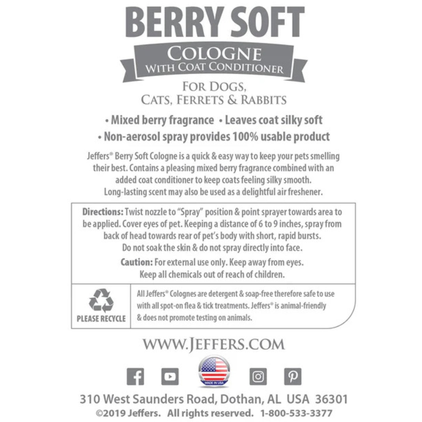 jeffers pet colognes with coat conditioner for dogs & cats 16 oz - soap & detergent free grooming spray for fresh, odor control, silky coat & home freshening, safe formula, made in usa - berry soft