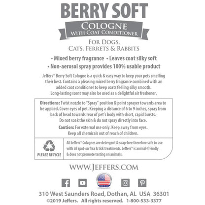 Jeffers Pet Colognes with Coat Conditioner for Dogs & Cats 16 oz - Soap & Detergent Free Grooming Spray for Fresh, Odor Control, Silky Coat & Home Freshening, Safe Formula, Made in USA - Berry Soft