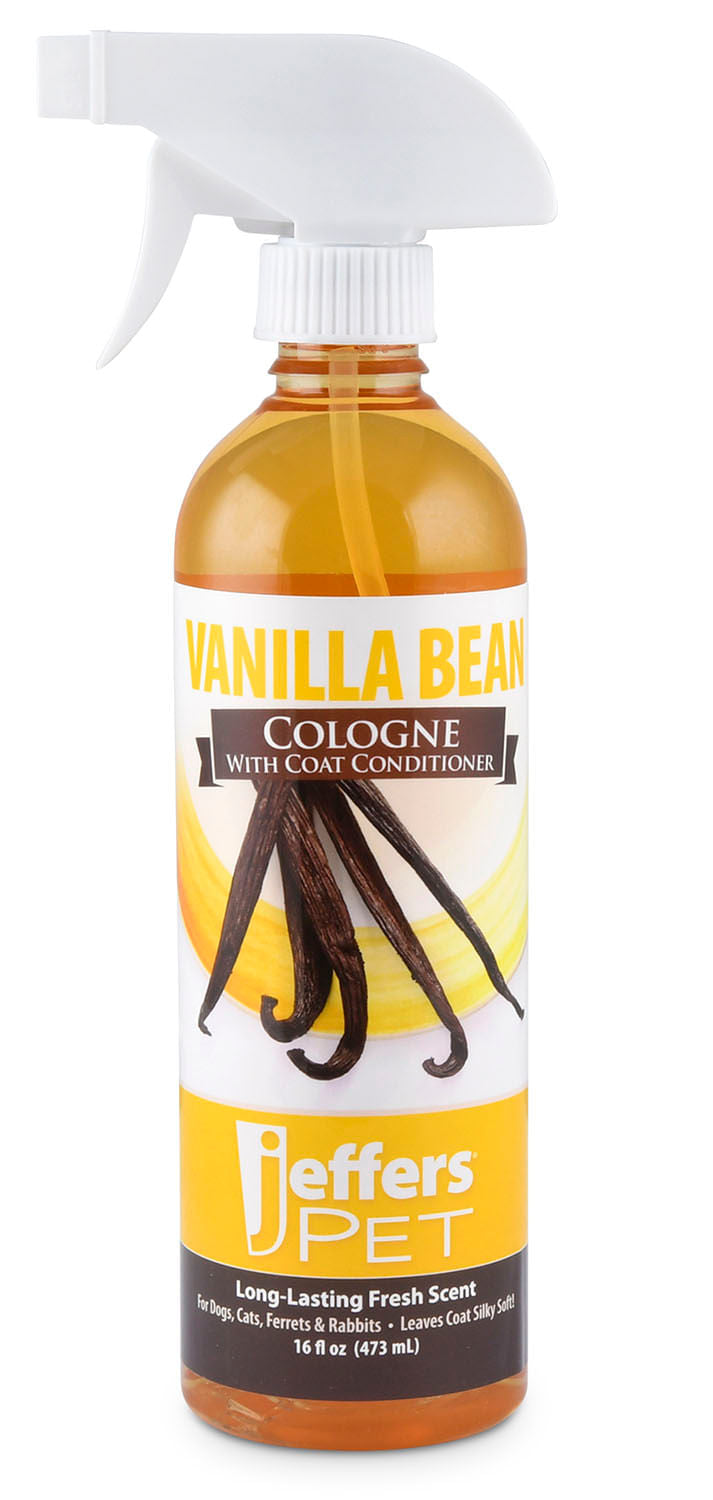jeffers pet colognes with coat conditioner for dogs & cats 16 oz - soap & detergent free grooming spray for fresh, odor control, silky coat & home freshening, safe formula, made in usa - vanilla bean