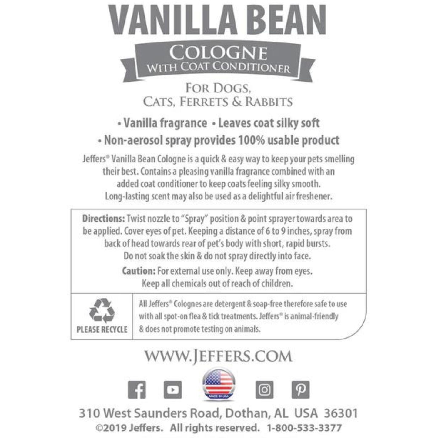 jeffers pet colognes with coat conditioner for dogs & cats 16 oz - soap & detergent free grooming spray for fresh, odor control, silky coat & home freshening, safe formula, made in usa - vanilla bean
