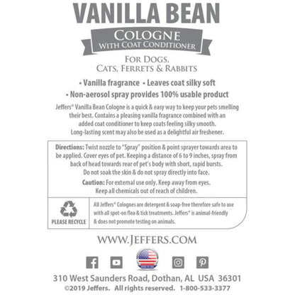 Jeffers Pet Colognes with Coat Conditioner for Dogs & Cats 16 oz - Soap & Detergent Free Grooming Spray for Fresh, Odor Control, Silky Coat & Home Freshening, Safe Formula, Made in USA - Vanilla Bean