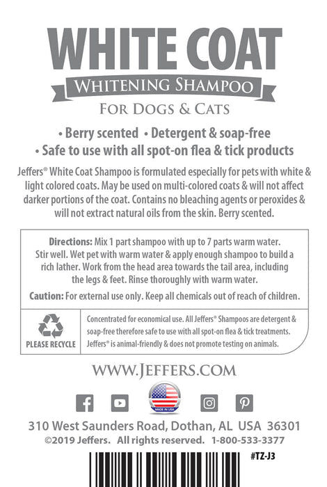 jeffers pet white coat shampoo for dogs & cats, 17 oz - soap free coconut cleanser with vitamins a d e & glycerin, deodorizing berry scent grooming shampoo, concentrated bleach free formula, usa made
