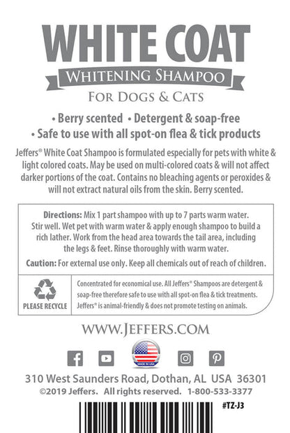 Jeffers Pet White Coat Shampoo for Dogs & Cats, 17 oz - Soap Free Coconut Cleanser with Vitamins A D E & Glycerin, Deodorizing Berry Scent Grooming Shampoo, Concentrated Bleach Free Formula, USA Made
