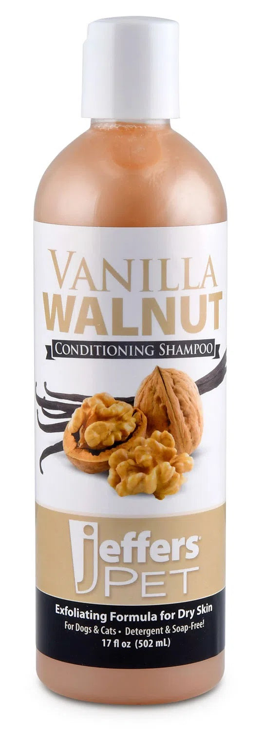 jeffers pet vanilla walnut conditioning dog & cat shampoo, 17 oz – deodorizing grooming wash, coconut based soap free formula, walnut oil & vanilla extract, vitamins a d e, concentrated coat care