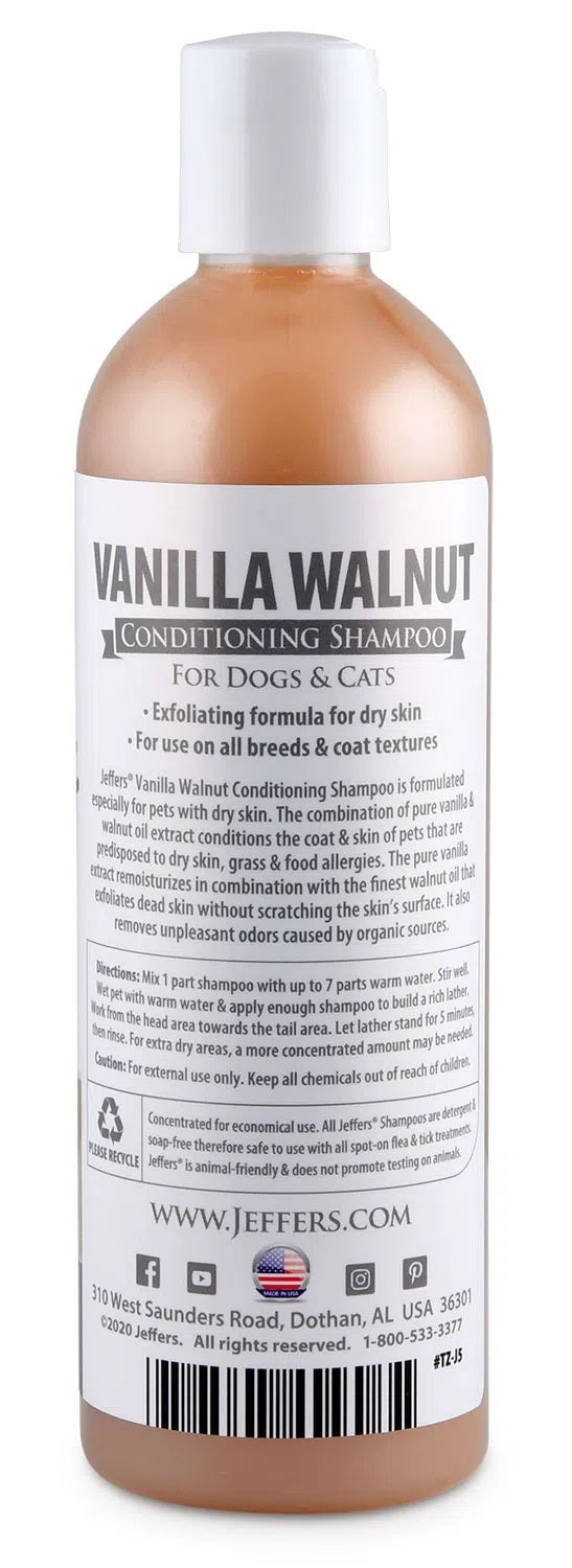 jeffers pet vanilla walnut conditioning dog & cat shampoo, 17 oz – deodorizing grooming wash, coconut based soap free formula, walnut oil & vanilla extract, vitamins a d e, concentrated coat care