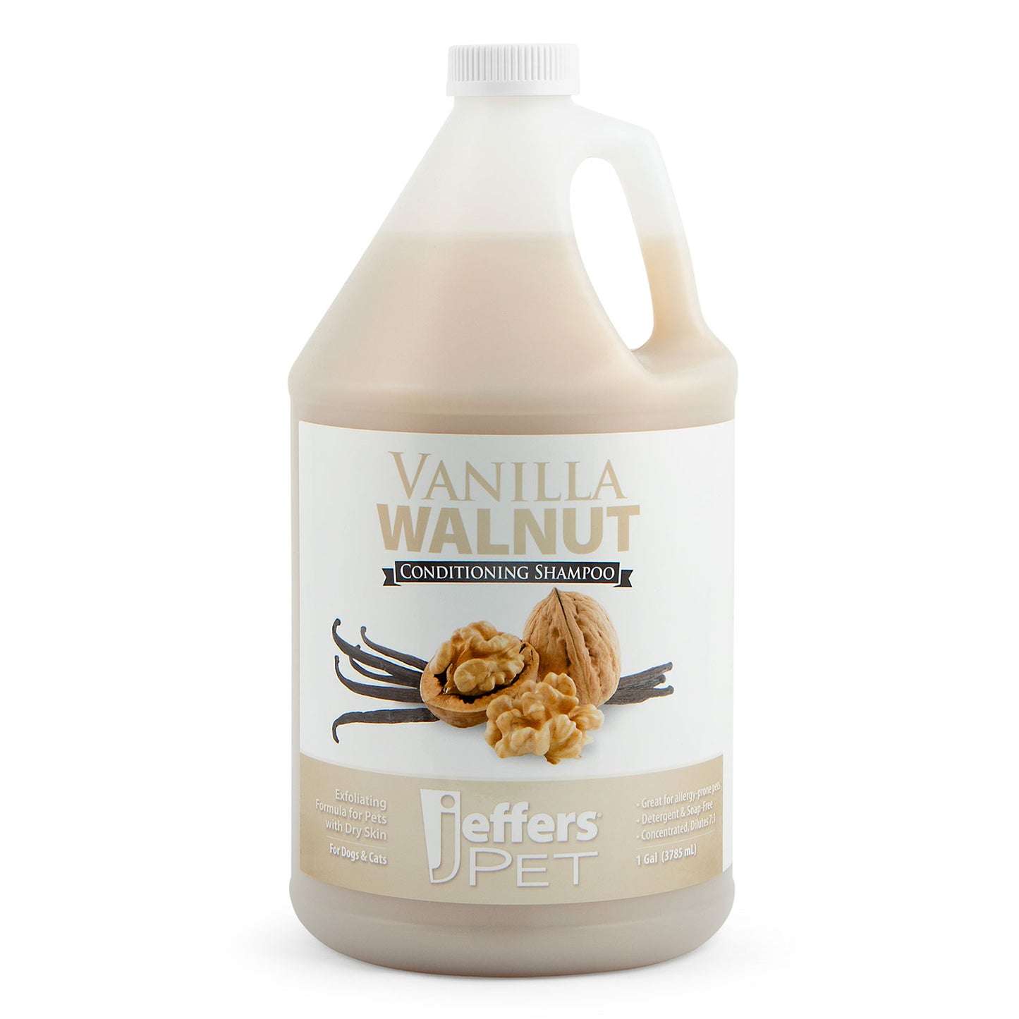 jeffers pet vanilla walnut conditioning dog & cat shampoo, 128 oz – deodorizing grooming wash, coconut based soap free formula, walnut oil & vanilla extract, vitamins a d e, concentrated coat care