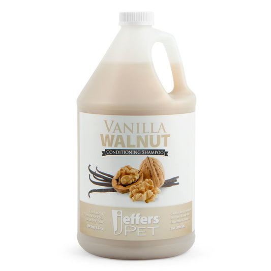 Jeffers Pet Vanilla Walnut Conditioning Dog & Cat Shampoo, 128 oz – Deodorizing Grooming Wash, Coconut Based Soap Free Formula, Walnut Oil & Vanilla Extract, Vitamins A D E, Concentrated Coat Care
