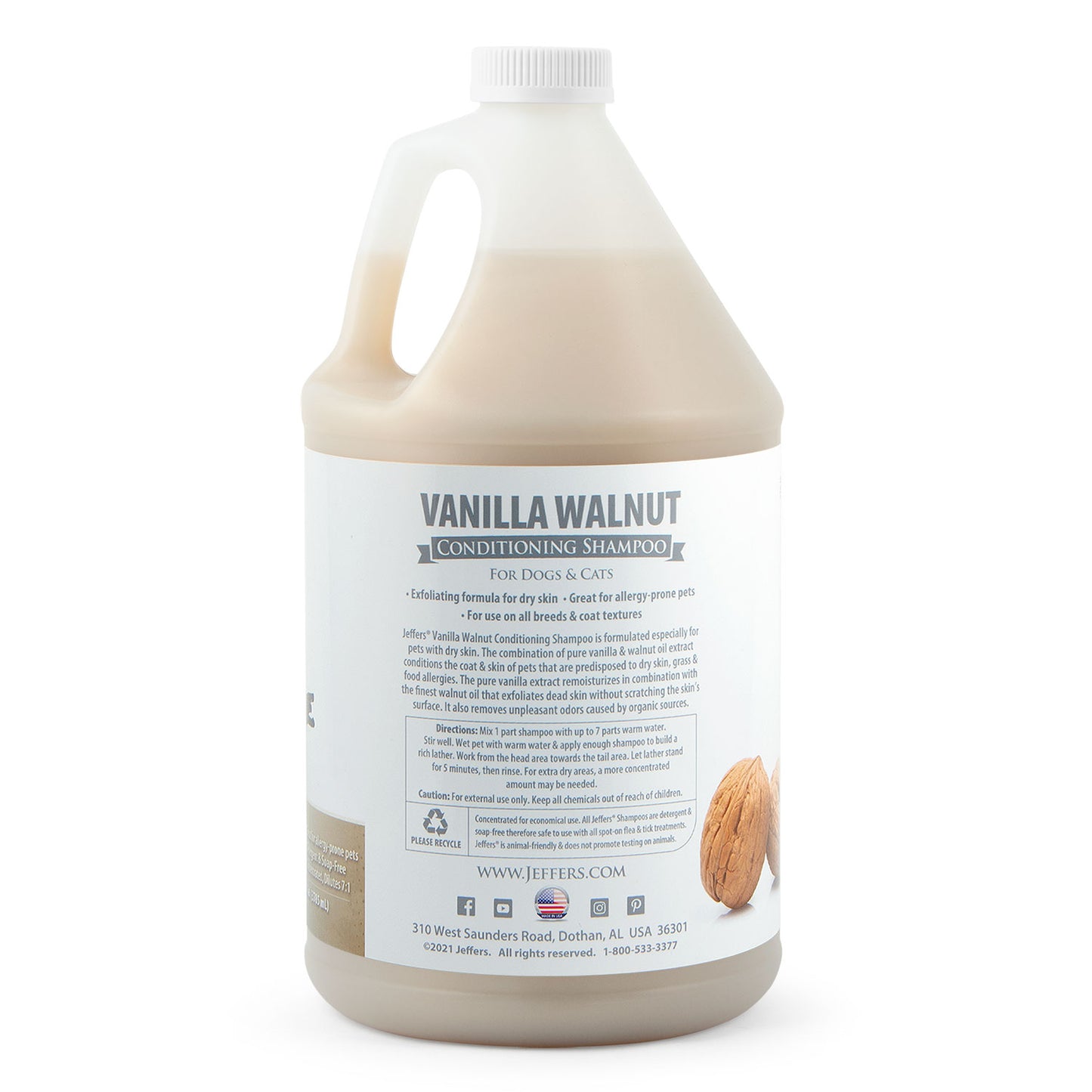 jeffers pet vanilla walnut conditioning dog & cat shampoo, 128 oz – deodorizing grooming wash, coconut based soap free formula, walnut oil & vanilla extract, vitamins a d e, concentrated coat care