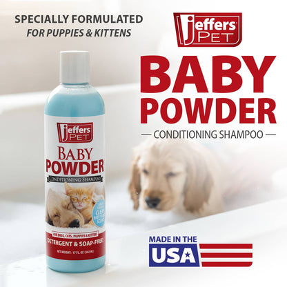 Jeffers Pet Baby Powder Tearless Shampoo for Puppies & Kittens, 17 oz - Concentrated Deodorizing Shampoo for Dogs & Cats with Natural Oils & Conditioners, pH Balanced, Soap Free Formula, Made in USA