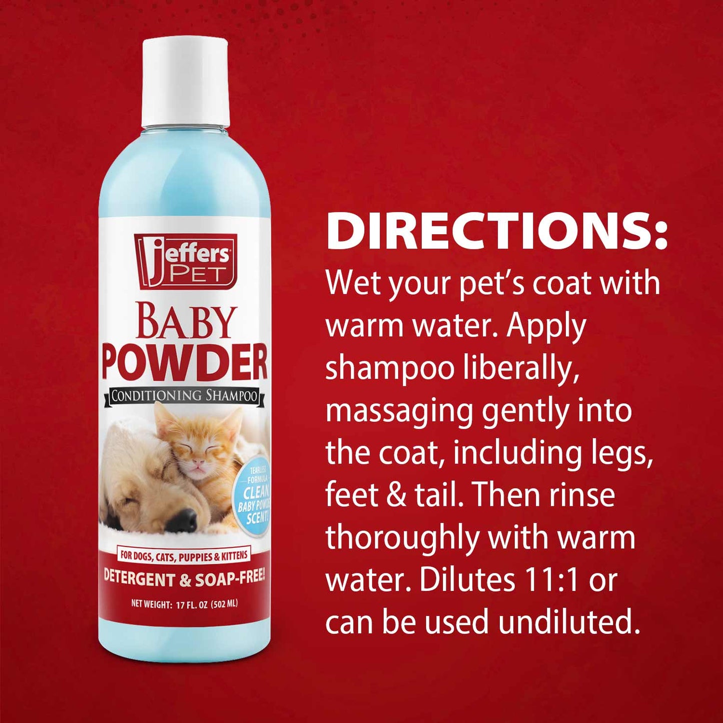 jeffers pet baby powder tearless shampoo for puppies & kittens, 17 oz - concentrated deodorizing shampoo for dogs & cats with natural oils & conditioners, ph balanced, soap free formula, made in usa