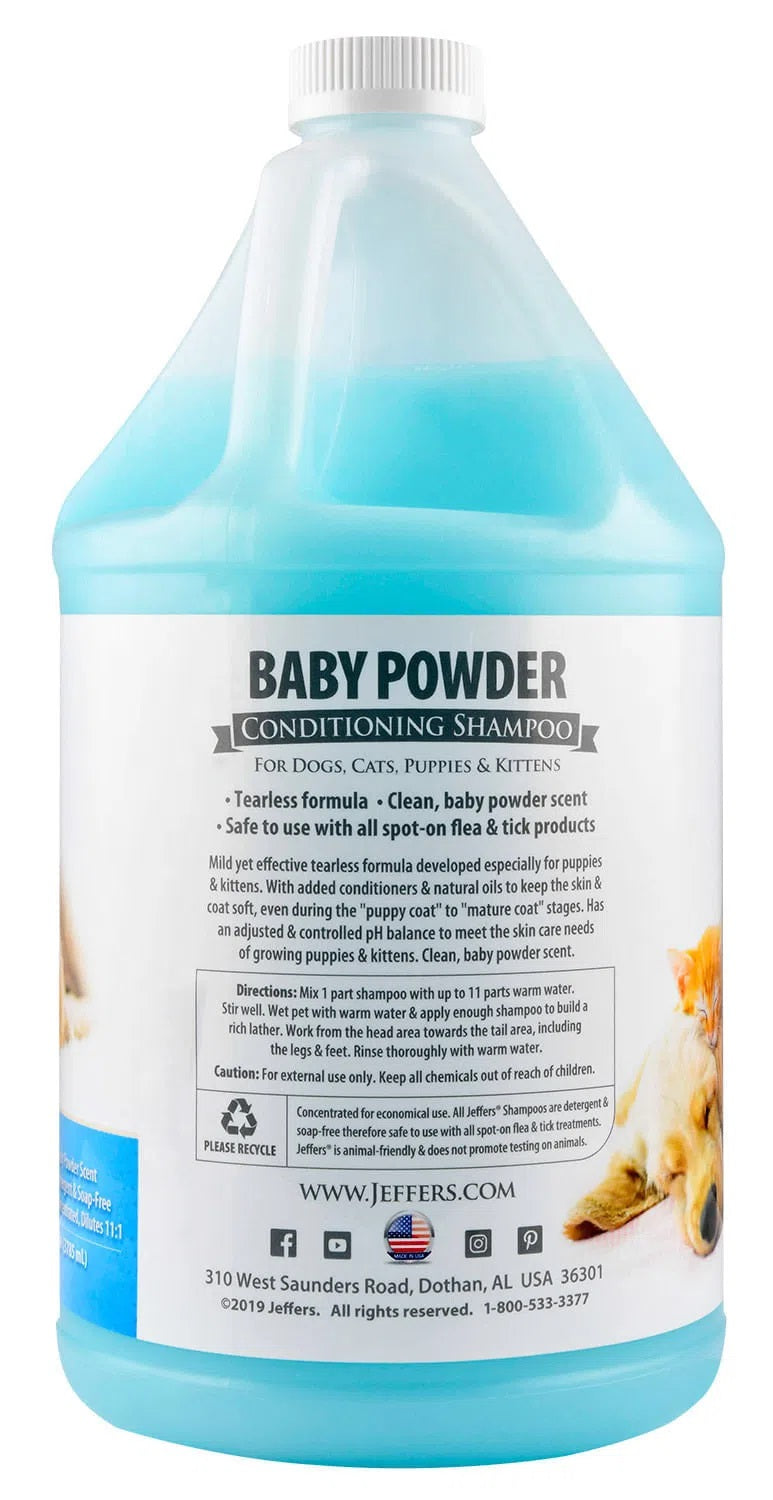 jeffers baby powder scent conditioning shampoo for dogs, cats, puppies & kittens – gentle, soap free formula with natural oils – odor eliminating, safe coat care, hypoallergenic pet shampoo,  1 gal
