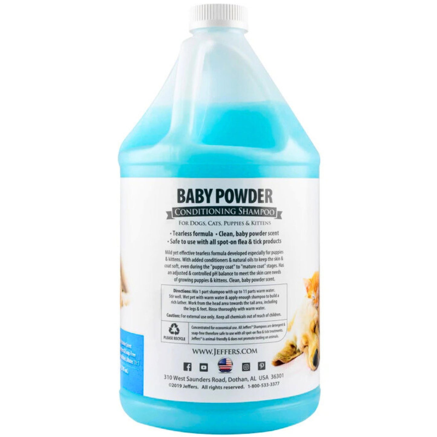 jeffers baby powder scent conditioning shampoo for dogs, cats, puppies & kittens – gentle, soap free formula with natural oils – odor eliminating, safe coat care, hypoallergenic pet shampoo,  1 gal