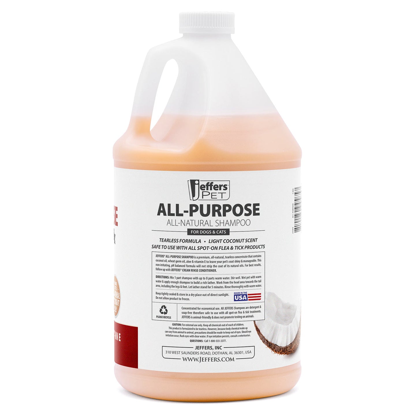 jeffers pet all purpose coconut oil conditioning dog & cat shampoo, 128 oz – deodorizing grooming wash, coconut based soap free formula, aloe vera & vitamin e, concentrated ph balanced coat cleanser