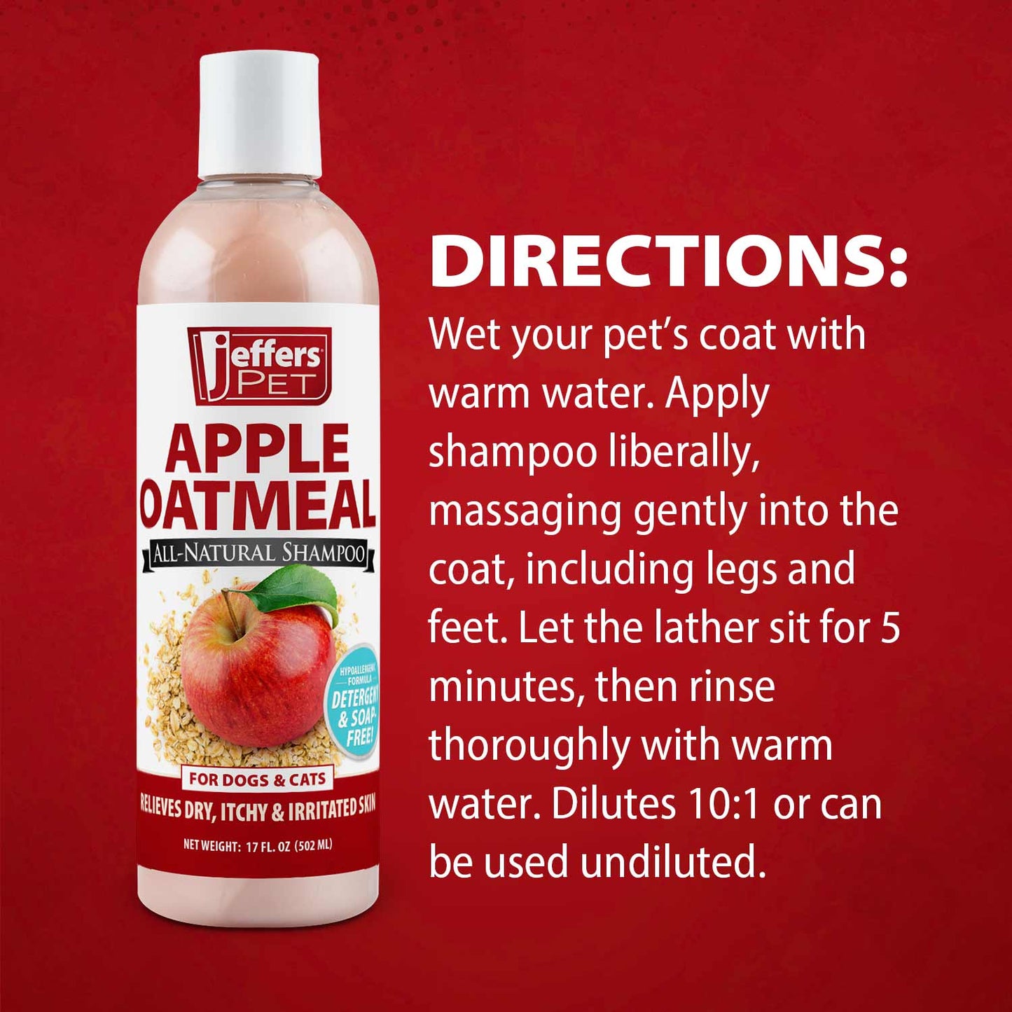 jeffers pet apple oatmeal shampoo for dogs & cats, 17 oz - gentle coconut based formula w/ colloidal oat protein, soap free, deodorizing apple scent, sensitive skin, puppies kittens grooming care