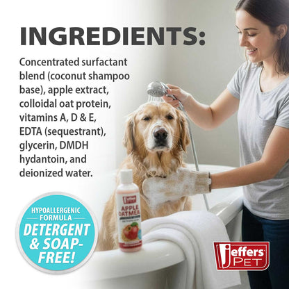 Jeffers Pet Apple Oatmeal Shampoo for Dogs & Cats, 17 oz - Gentle Coconut Based Formula w/ Colloidal Oat Protein, Soap Free, Deodorizing Apple Scent, Sensitive Skin, Puppies Kittens Grooming Care