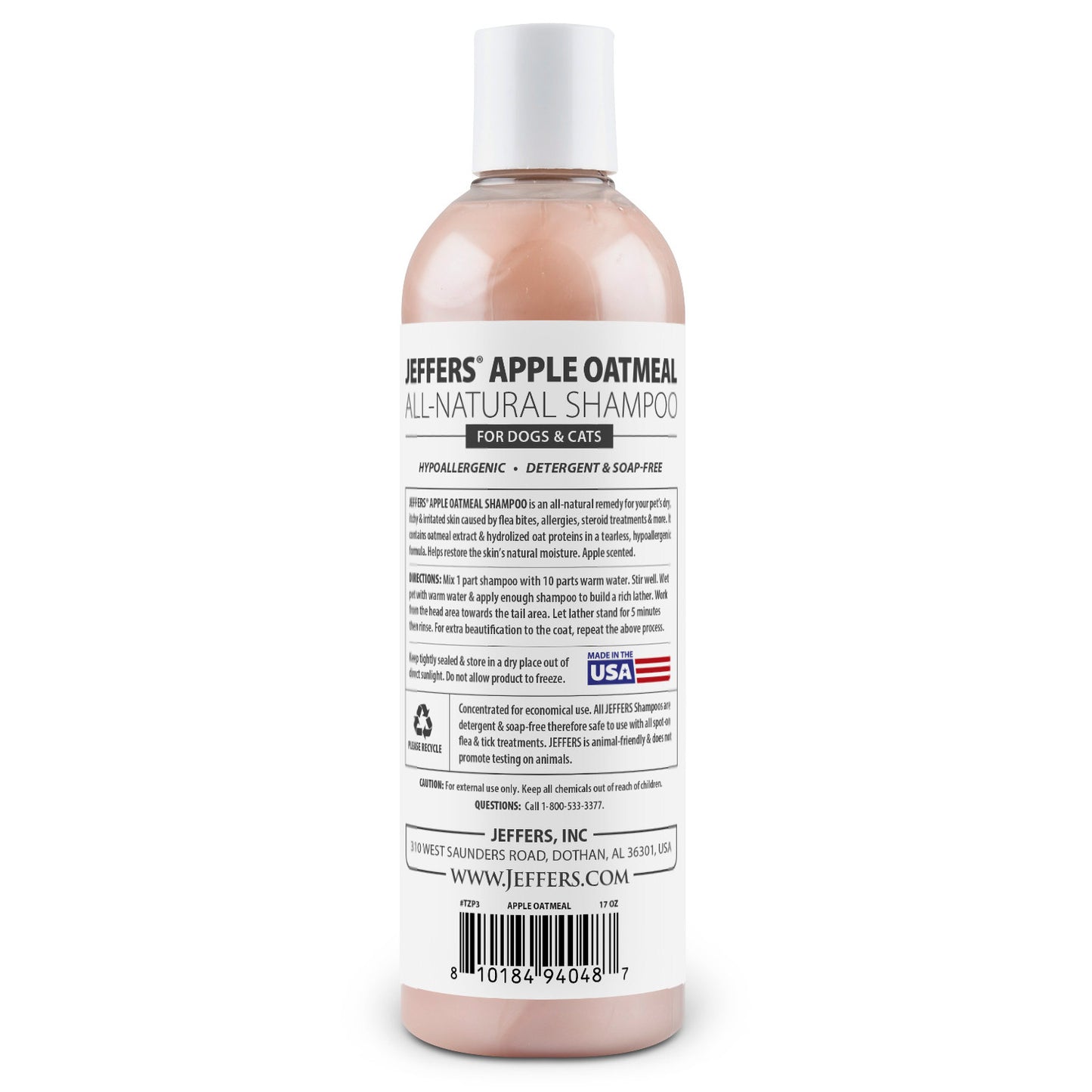jeffers pet apple oatmeal shampoo for dogs & cats, 17 oz - gentle coconut based formula w/ colloidal oat protein, soap free, deodorizing apple scent, sensitive skin, puppies kittens grooming care