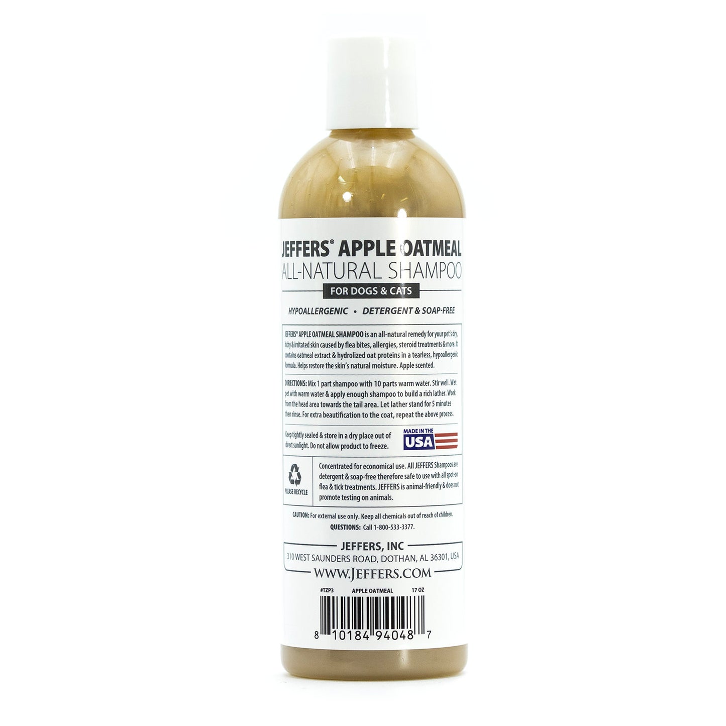 jeffers pet apple oatmeal shampoo for dogs & cats, 17 oz - gentle coconut based formula w/ colloidal oat protein, soap free, deodorizing apple scent, sensitive skin, puppies kittens grooming care