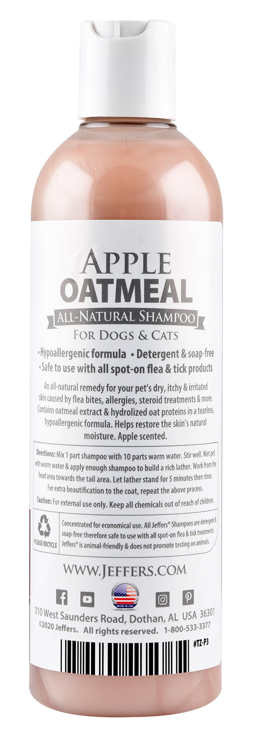 jeffers pet apple oatmeal shampoo for dogs & cats, 17 oz - gentle coconut based formula w/ colloidal oat protein, soap free, deodorizing apple scent, sensitive skin, puppies kittens grooming care