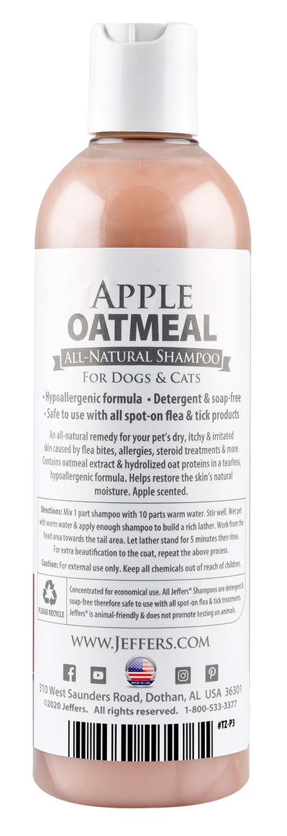 Jeffers Pet Apple Oatmeal Shampoo for Dogs & Cats, 17 oz - Gentle Coconut Based Formula w/ Colloidal Oat Protein, Soap Free, Deodorizing Apple Scent, Sensitive Skin, Puppies Kittens Grooming Care