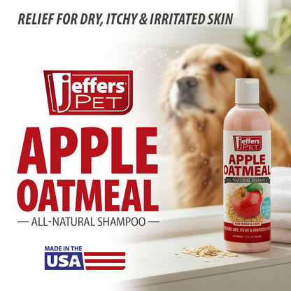 Jeffers Pet Apple Oatmeal Shampoo for Dogs & Cats, 17 oz - Gentle Coconut Based Formula w/ Colloidal Oat Protein, Soap Free, Deodorizing Apple Scent, Sensitive Skin, Puppies Kittens Grooming Care