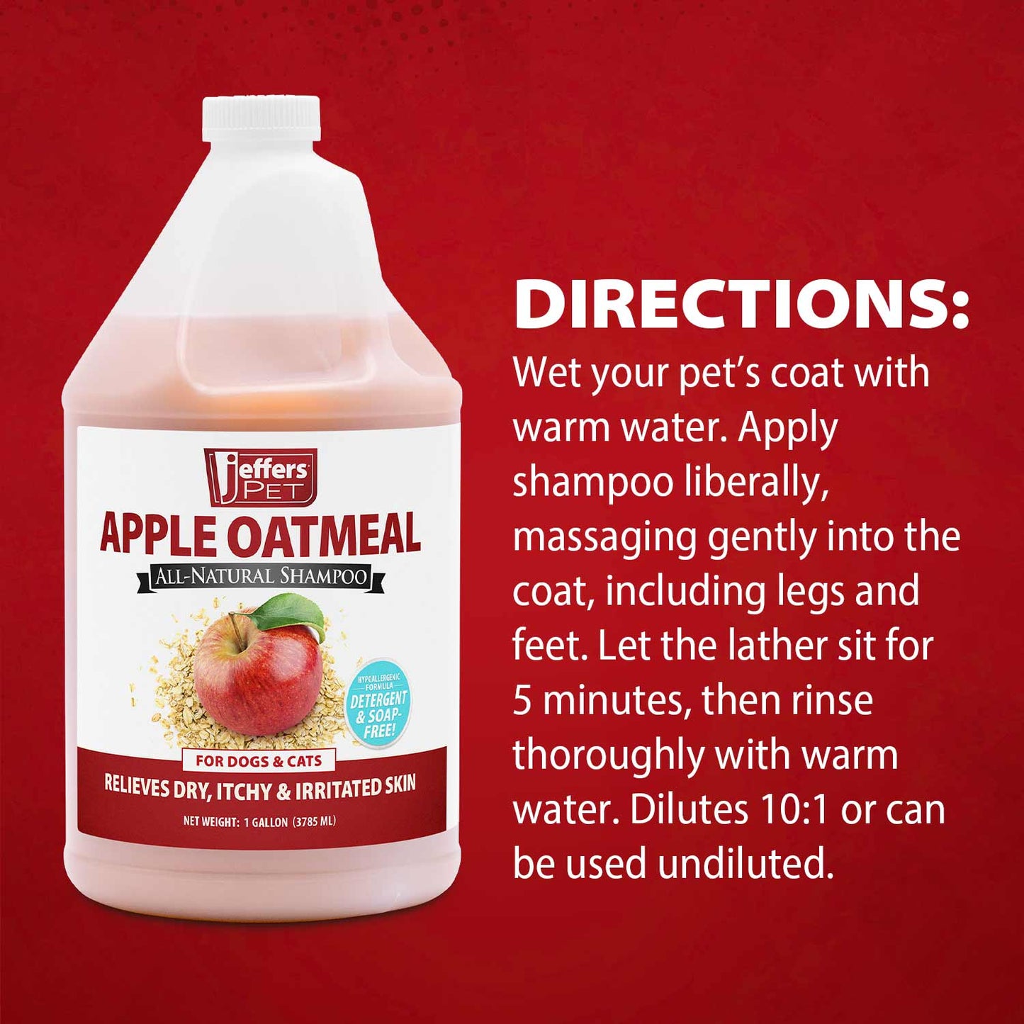 jeffers pet apple oatmeal shampoo for dogs & cats, 128 oz - gentle coconut based formula w/ colloidal oat protein, soap free, deodorizing apple scent, sensitive skin, puppies kittens grooming care